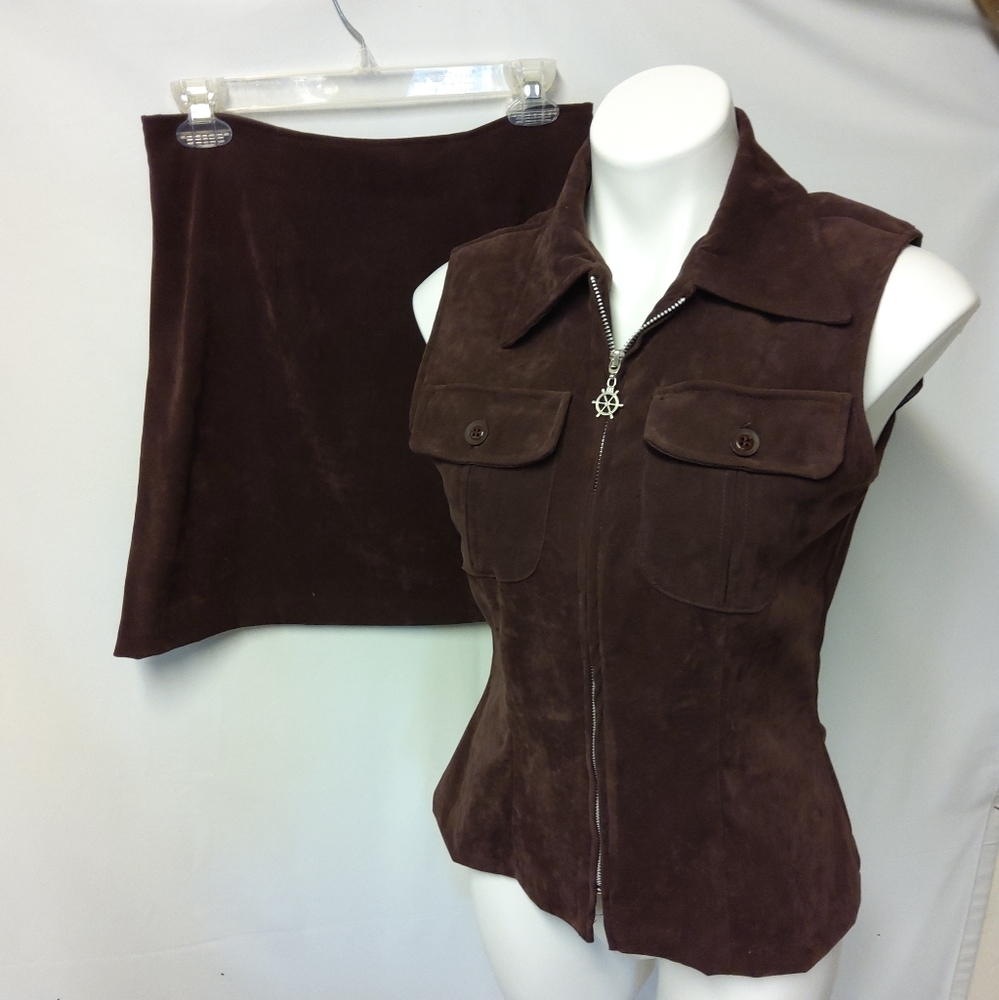 Vintage La Belle Brown Zipper Vest & Skirt Set